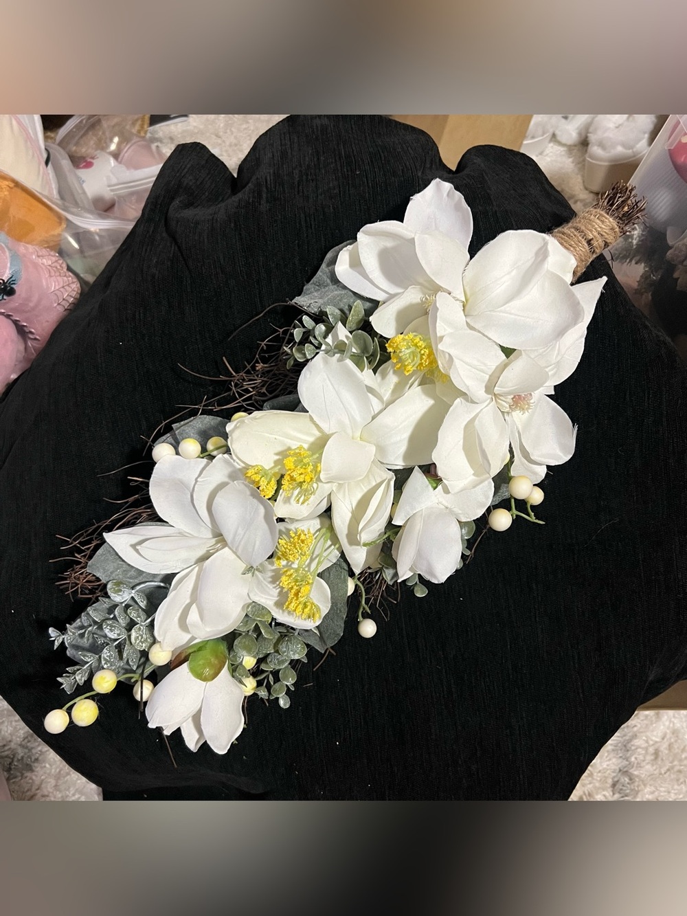 Michaels White Magnolia Spray with Yellow Stamen and Green Foliage